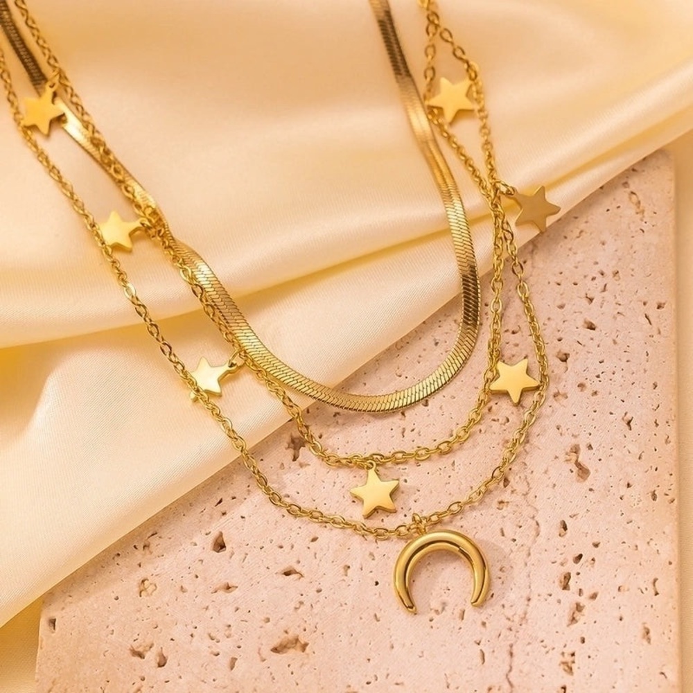 18K Gold Moon & Stars Celestial Bohemian Vintage Style Layered Necklace No Fade - Picture 11 of 14
